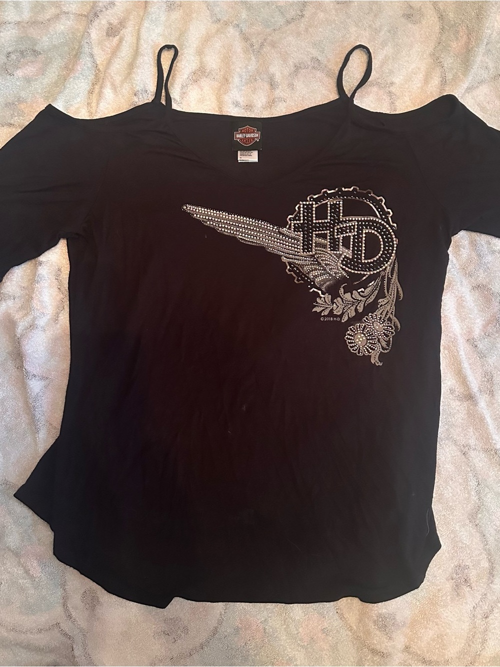 Harley-Davidson Black Rhinestone Winged HD Cold-Shoulder Camisole